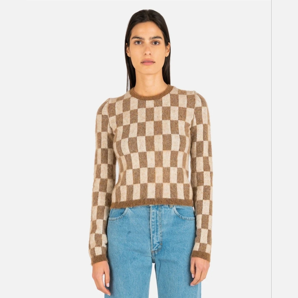 Nanushka Feline Brushed Alpaca Checkered Sweater in Creme/Brown Size Medium